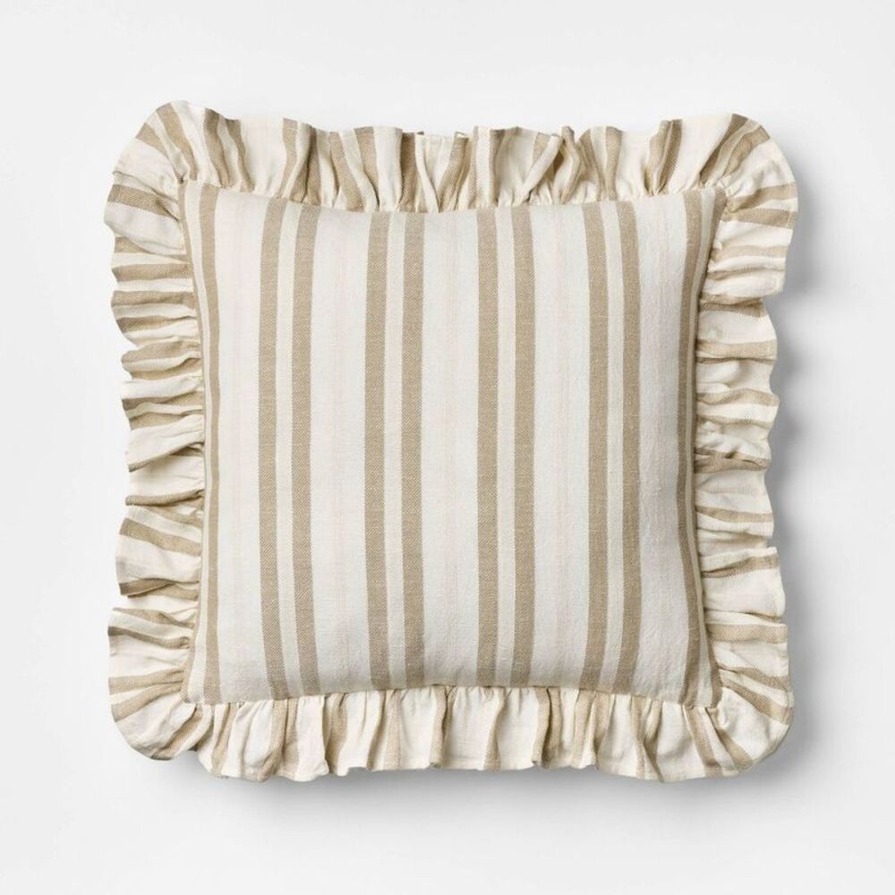 Open Box - Square Woven Stripe Throw Pillow with Ruffle Taupe Taupe/Ivory